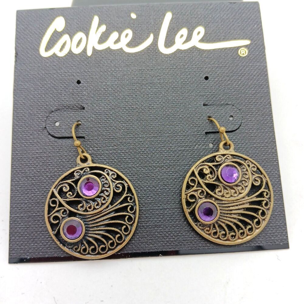 Cookie Lee Earrings Curly Circle Metal Pierced Dangle Purple Glass Stones NWT